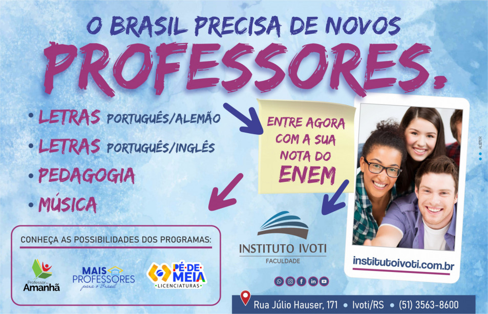 Faculdade Instituto Ivoti oferece 30 vagas para o curso de Letras Português/Inglês no programa “Professor do Amanhã”